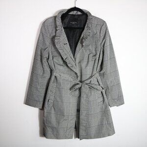 Talbots Petites 14P Glen Plaid Houndstooth Water Resistant Trench Coat Ruffle